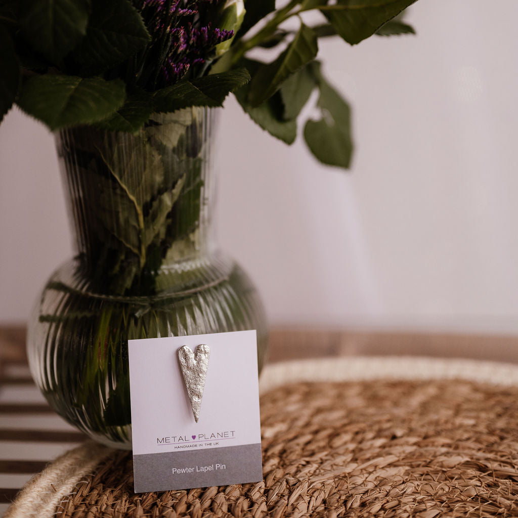 Elongated heart pewter jacket pin