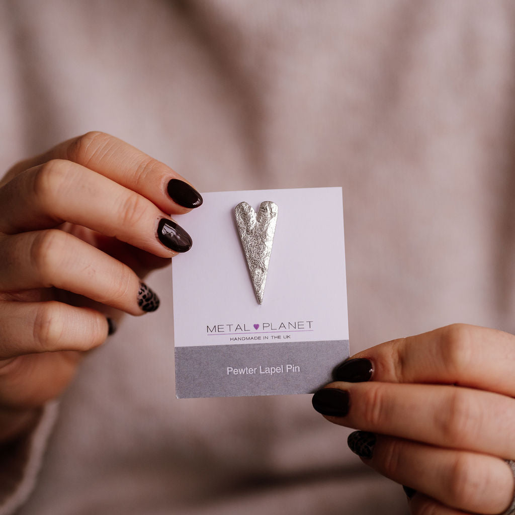 Elongated heart pewter jacket pin