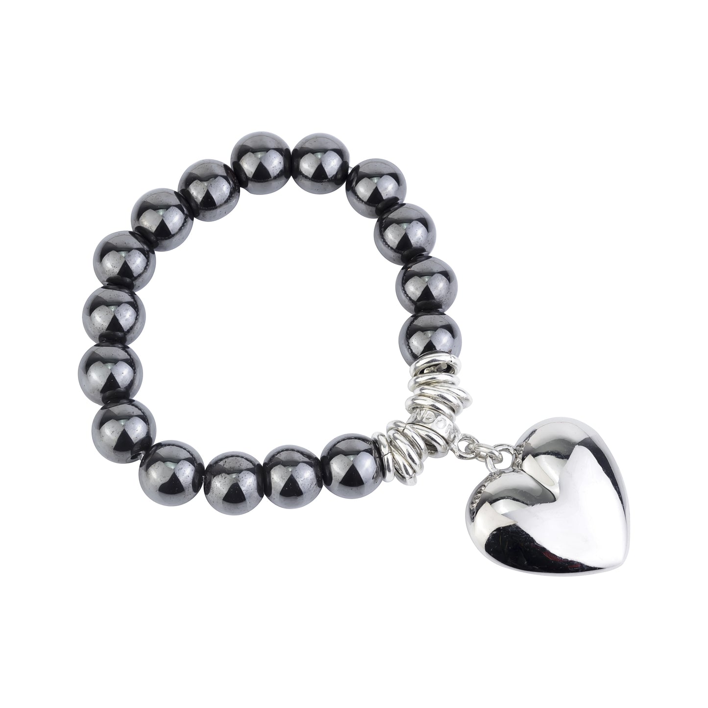 Glossy boulder bracelet with solid metallic heart drop