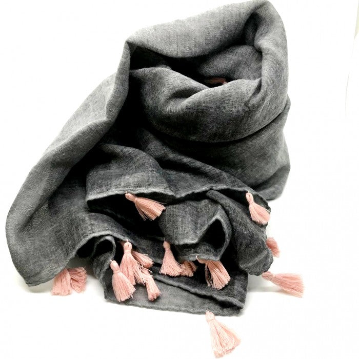 Soft grey woven scarf with pastel pink tassles