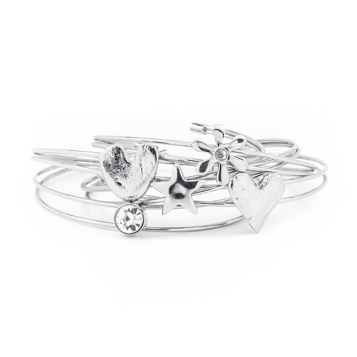 Textured heart double strand bangle in silver tone with a sparkly centre