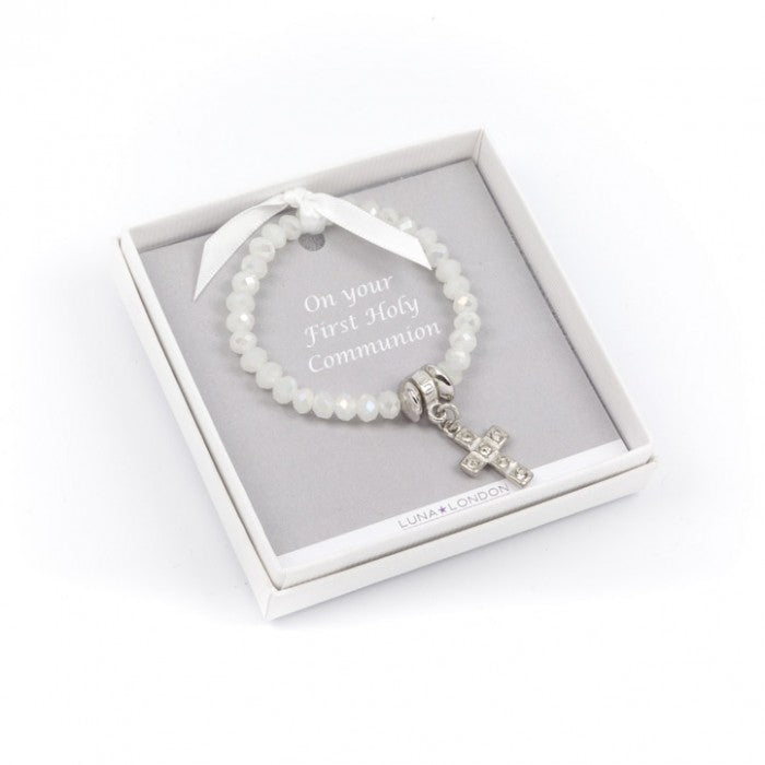 Pearlescent First Holy Communion pretty bracelet with diamante cross