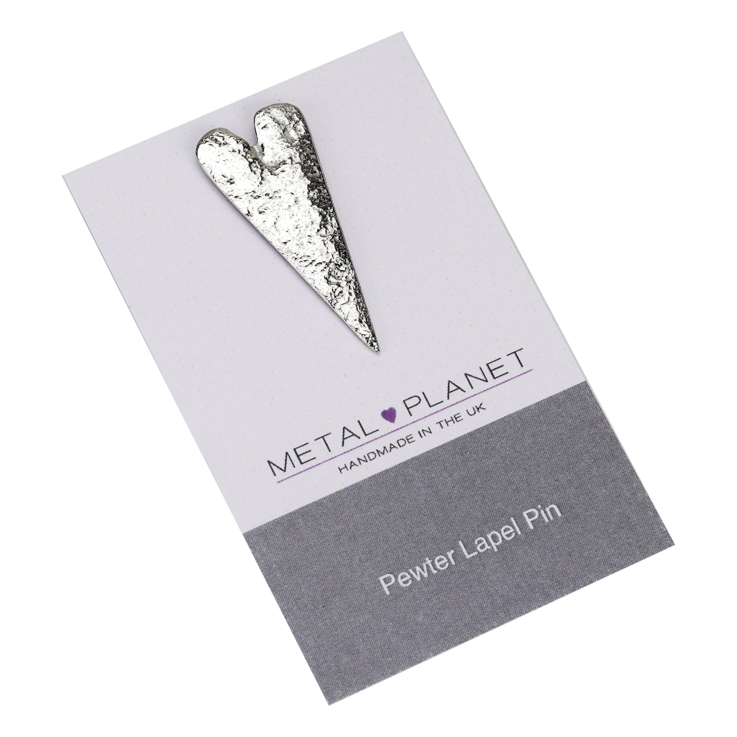Elongated heart pewter jacket pin