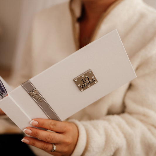 10 Years (Tin) Anniversary - Smart linen photo album for a 10th Wedding anniversary gift!