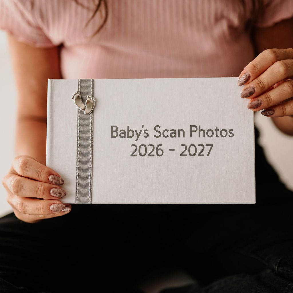 Baby's Scan Photos 2026-2027 A Grey stitched ribbon photo album