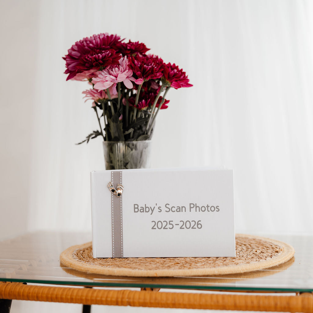 Baby's Scan Photos 2025-2026 A Grey stitched ribbon photo album