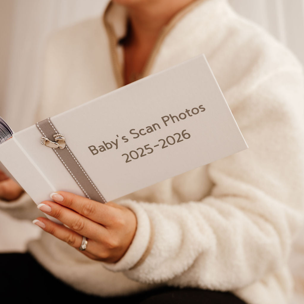 Baby's Scan Photos 2025-2026 A Grey stitched ribbon photo album