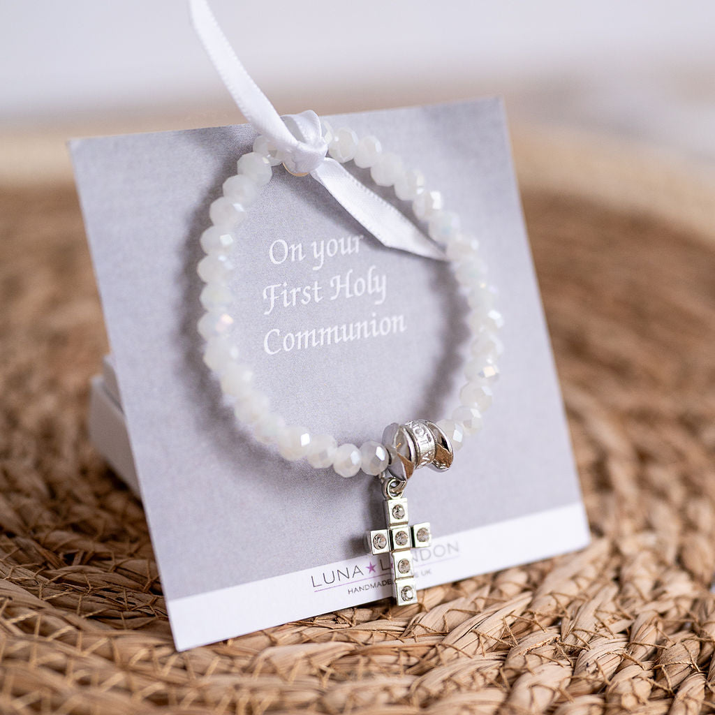 Pearlescent First Holy Communion pretty bracelet with diamante cross
