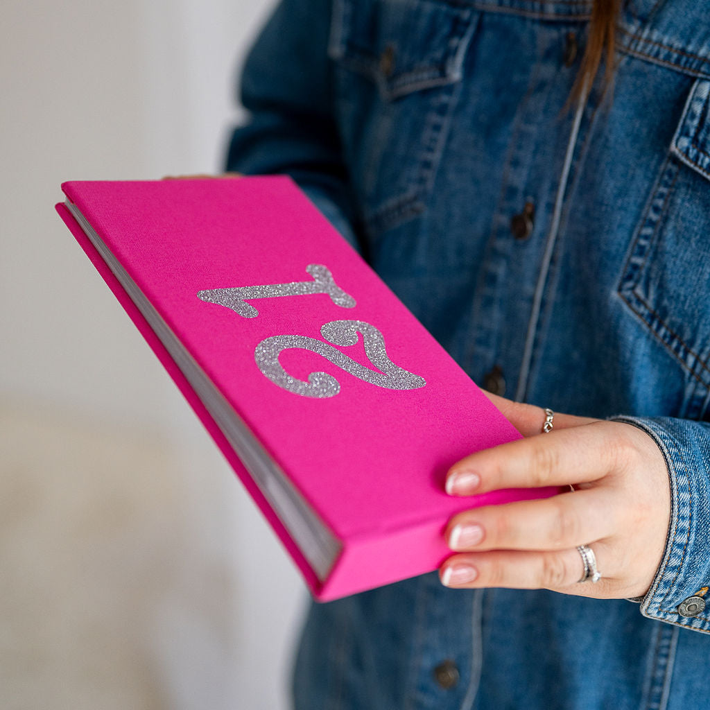 21 Hot pink photo album with silver sparkle design