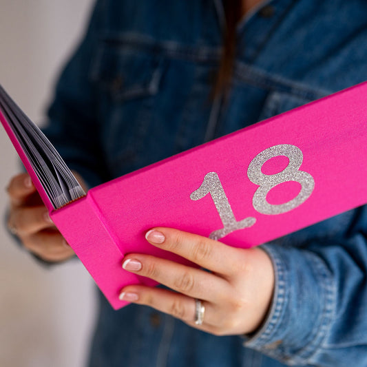 18 Hot pink photo album with silver sparkle design