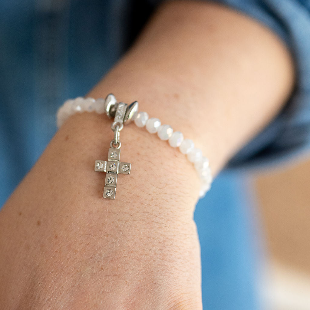 Pearlescent First Holy Communion pretty bracelet with diamante cross