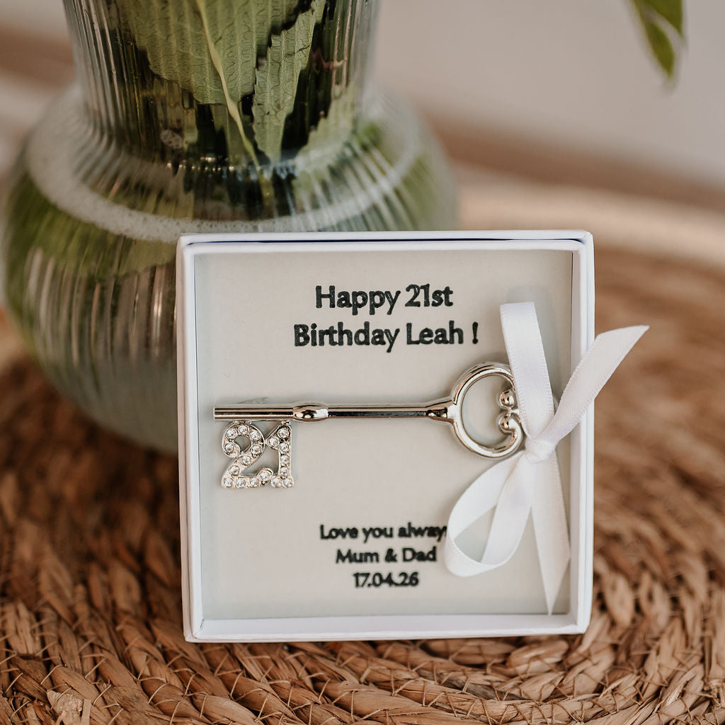 A personalised shiny '21' metal key for a 21st Birthday celebration!
