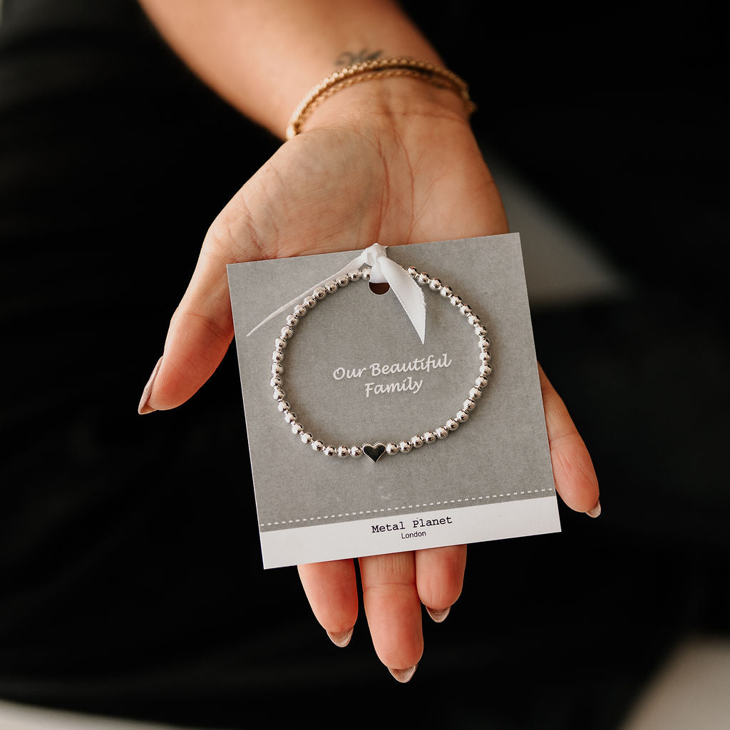 Our Beautiful Family - Tree of Life / Polished silver heart bead stretch bracelet