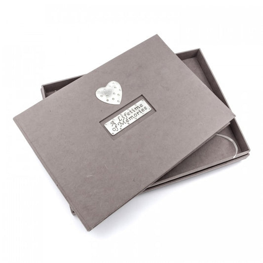 A4 Memory guestbook in grey lidded box with lift out satin ribbon