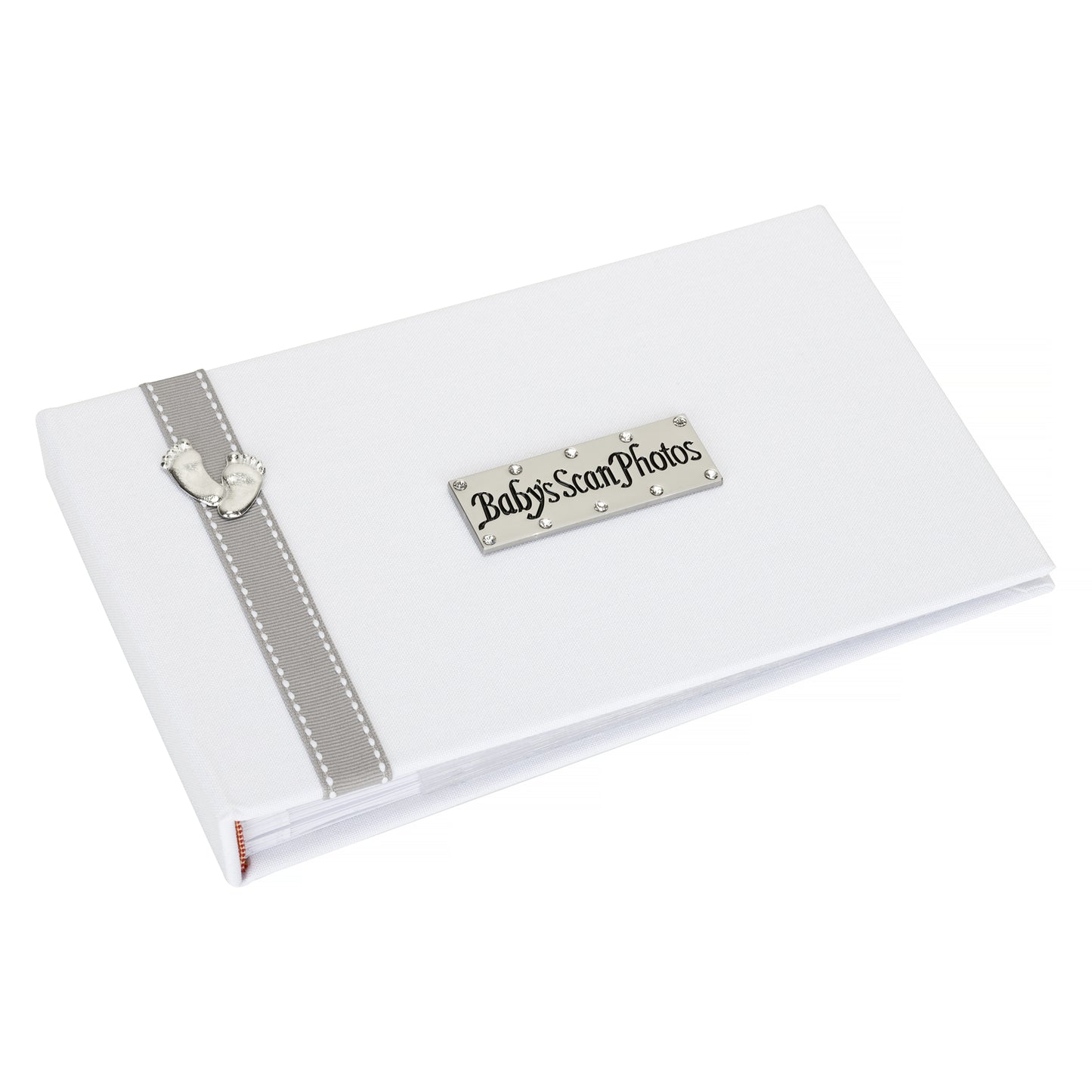Baby's Scan Photos ~ White linen album with grey stitched ribbon