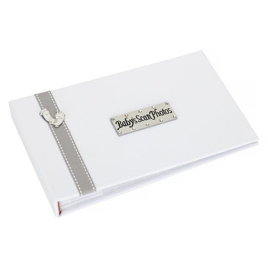 Baby's Scan Photos ~ White linen album with grey stitched ribbon