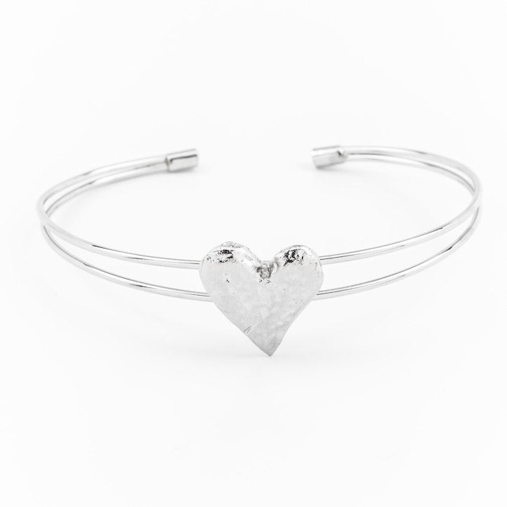 Textured heart double strand bangle in silver tone with a sparkly centre
