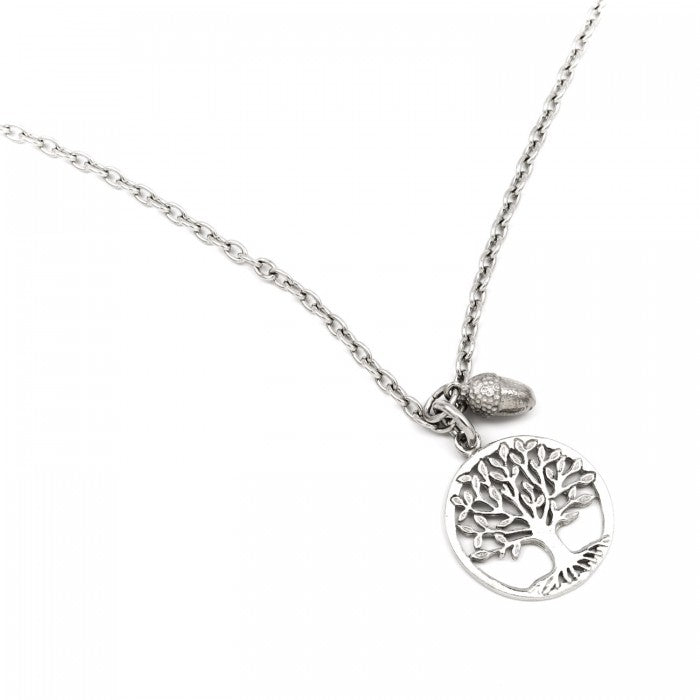A gorgeous long tree of life necklace with pewter acorn detail