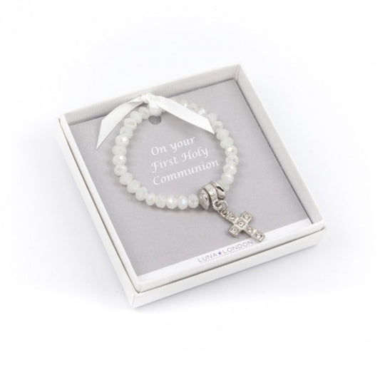 Pearlescent First Holy Communion pretty bracelet with diamante cross