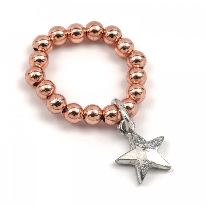 A gorgeous range of stretch bead rings in rose gold/silver plate
